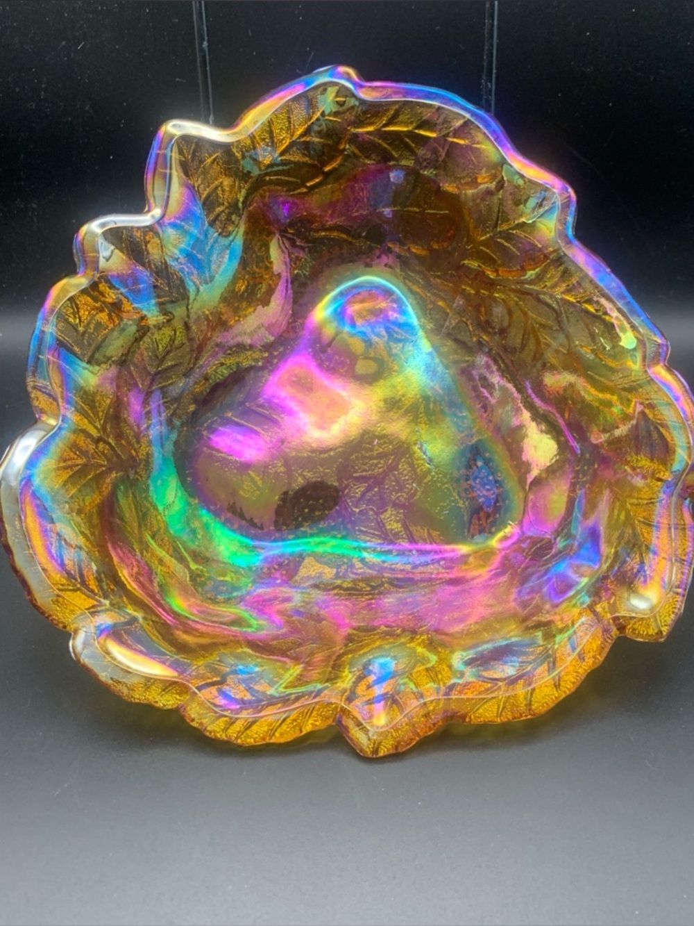 Vintage Carnival Glass Iridescent Glass Leaf Berries Bowl Trinket Candy Dish